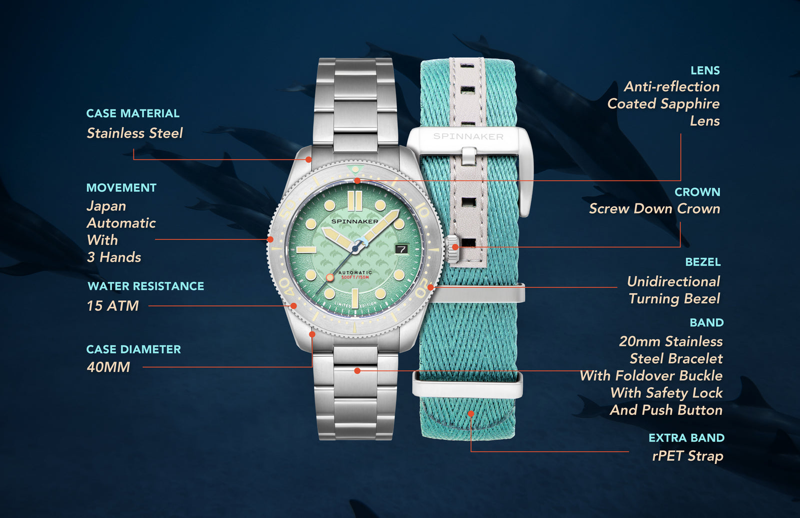 Montre Spinnaker Croft Mid-Size Automatique - SP-5129-11 - Édition Limitée Dolphin - Neuf Avec étiquettes
